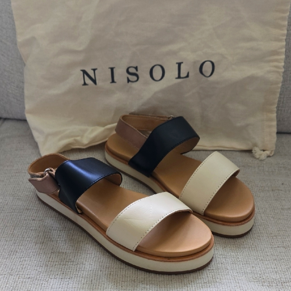 Nisolo Black and Cream Sandals with Two-Strap Design